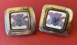 Vintage LAUREL BURCH Wild Orchid Flower Clip Earrings Square Enamel Silver Tone